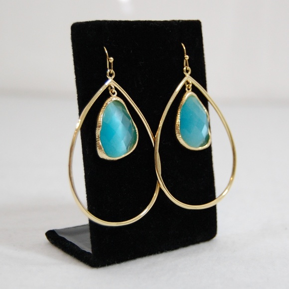 Jewelry - SOLD -- Gold Teardrop Hoops With Hanging Gem